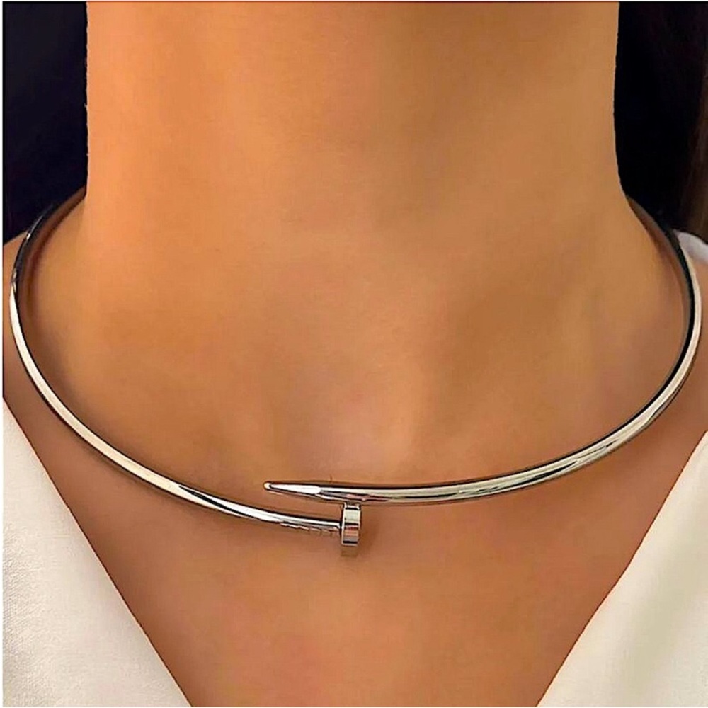 Silver Open Hoop Nail Choker Necklace - Women Jewelry